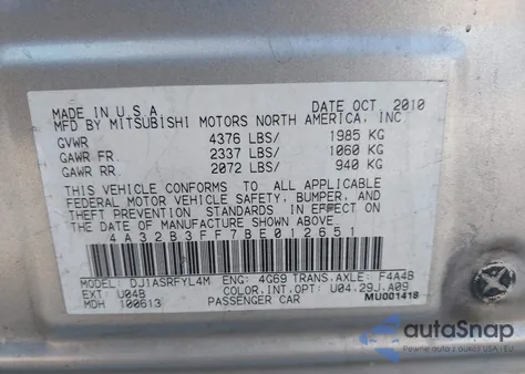 2011 Mitsubishi Galant Es/Se from USA, damaged, VIN 4A32B3FF7BE012651